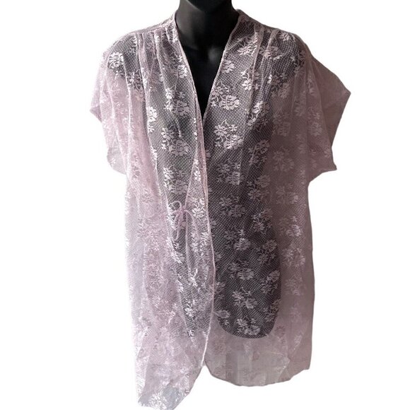 VTG 80s Llise Stevens Powder Pink Lace Dust Jacket Short Negligée Robe Women’s M - Picture 4 of 11